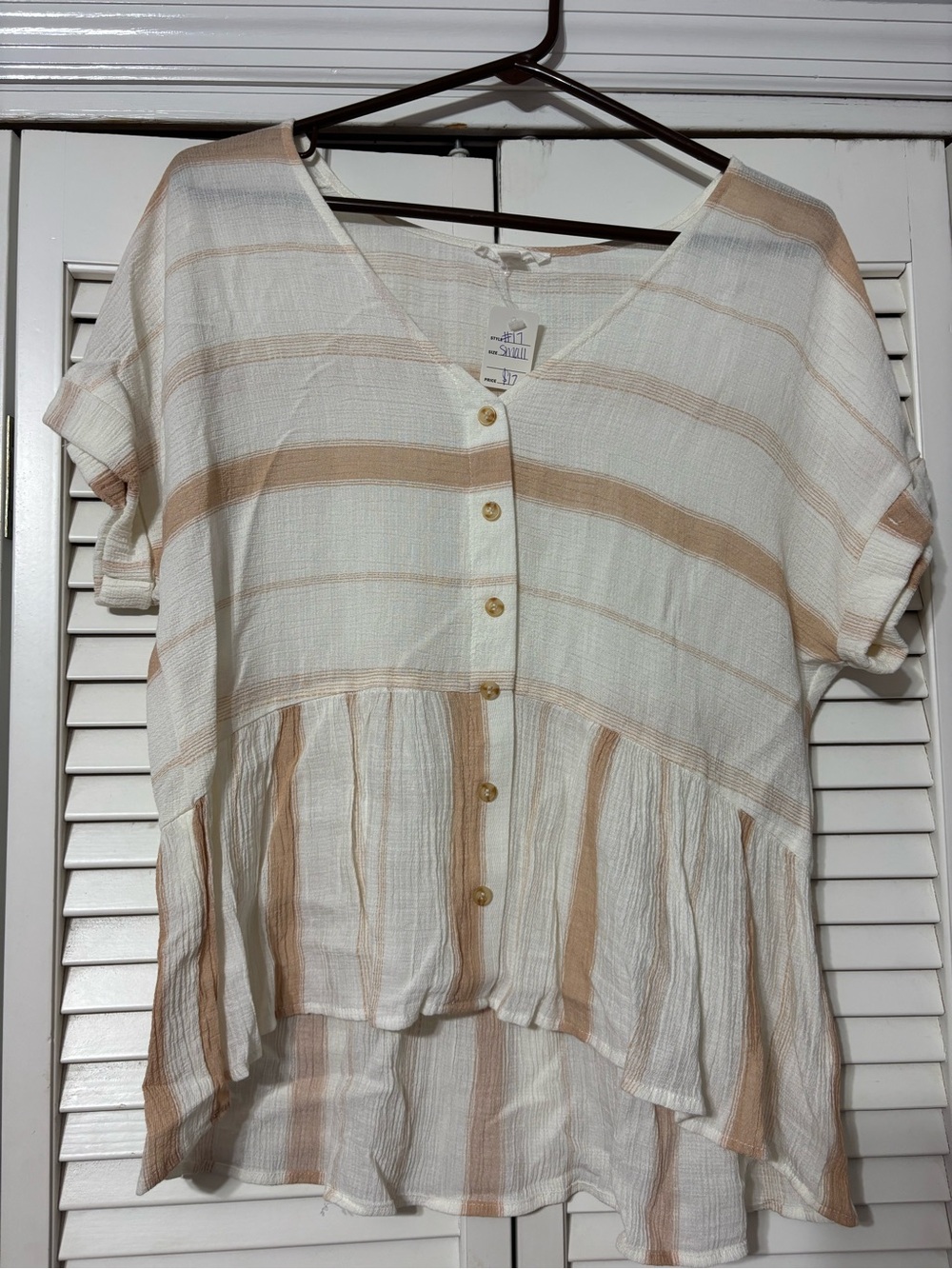 Blu Pepper Cream and Beige Striped Button-Front Peplum Blouse